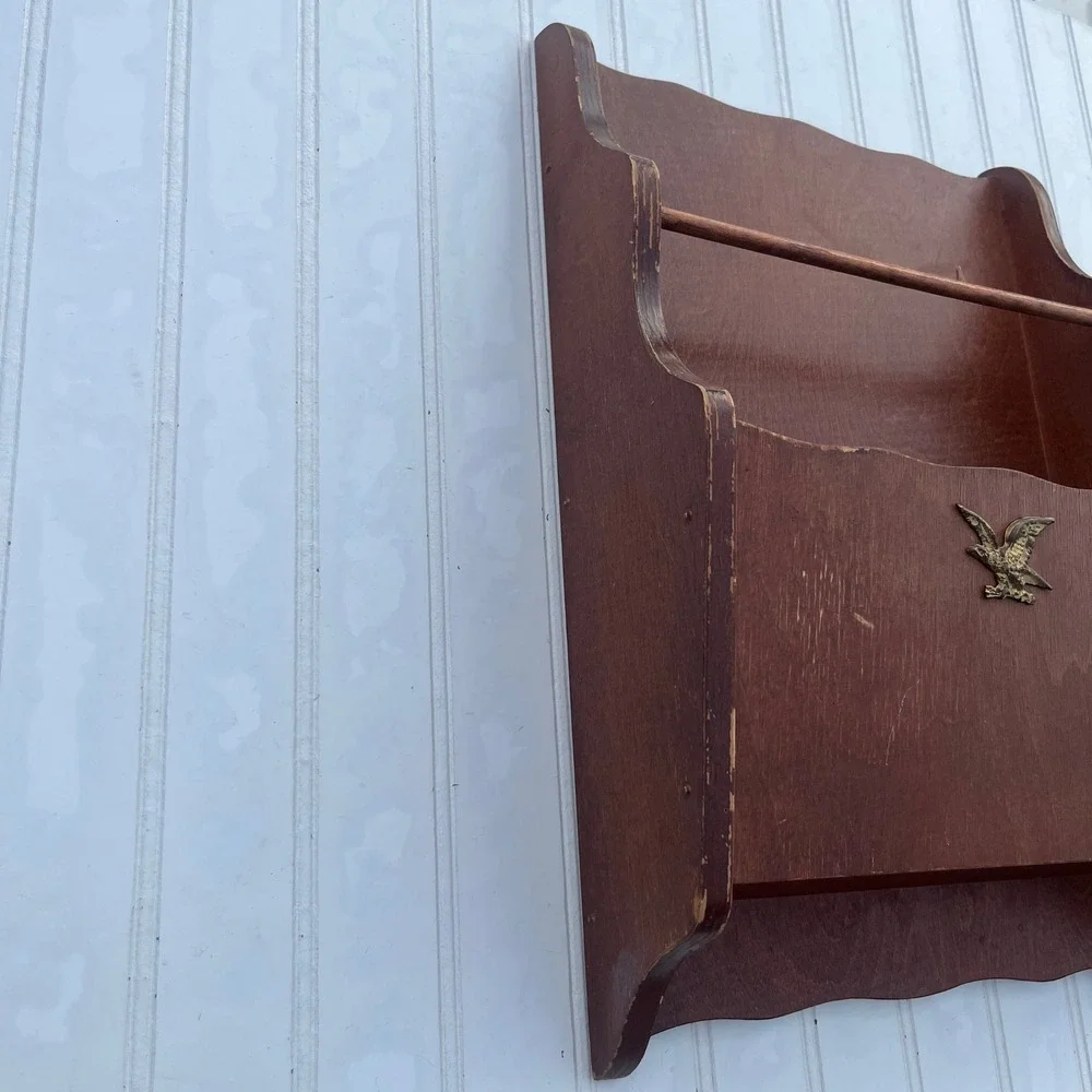 Vintage Wood Wall Mail Organizer Towel Rack Brass Eagle Emblem Brown Americana
